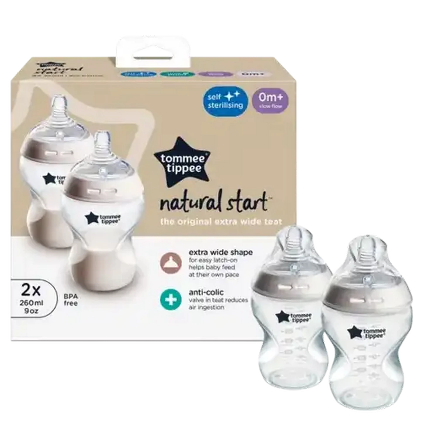 Image of Tommee Tippee Natural Start 260ml Self-Sterilising Clear Bottle 2-Pack 0 Months +