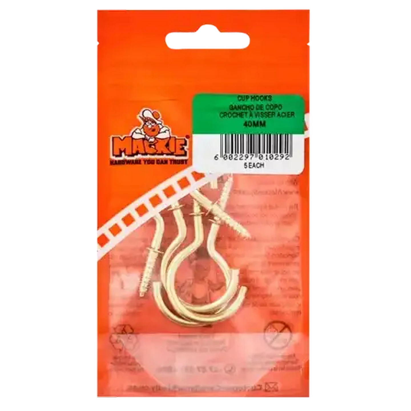 Image of Mackie Brass Plated Cup Hook 40mm 5 Piece