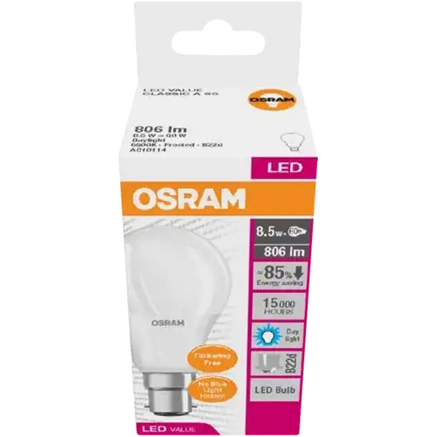 Image of OSRAM White Classic Day Light A60/E27 LED Bayonet Globe 8.5W