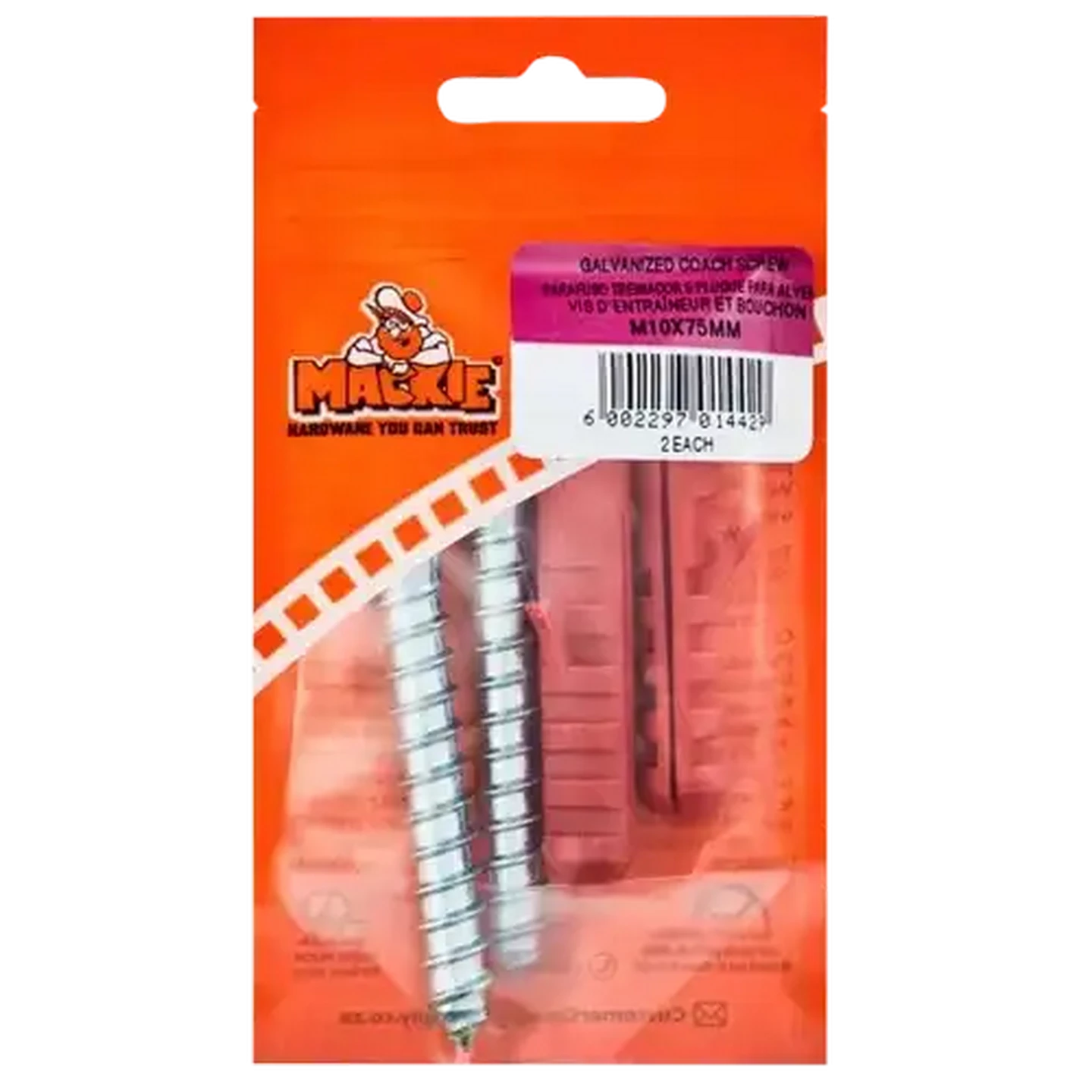 Image of Mackie Coach Screw & Plug M10 x 75mm 2 Piece