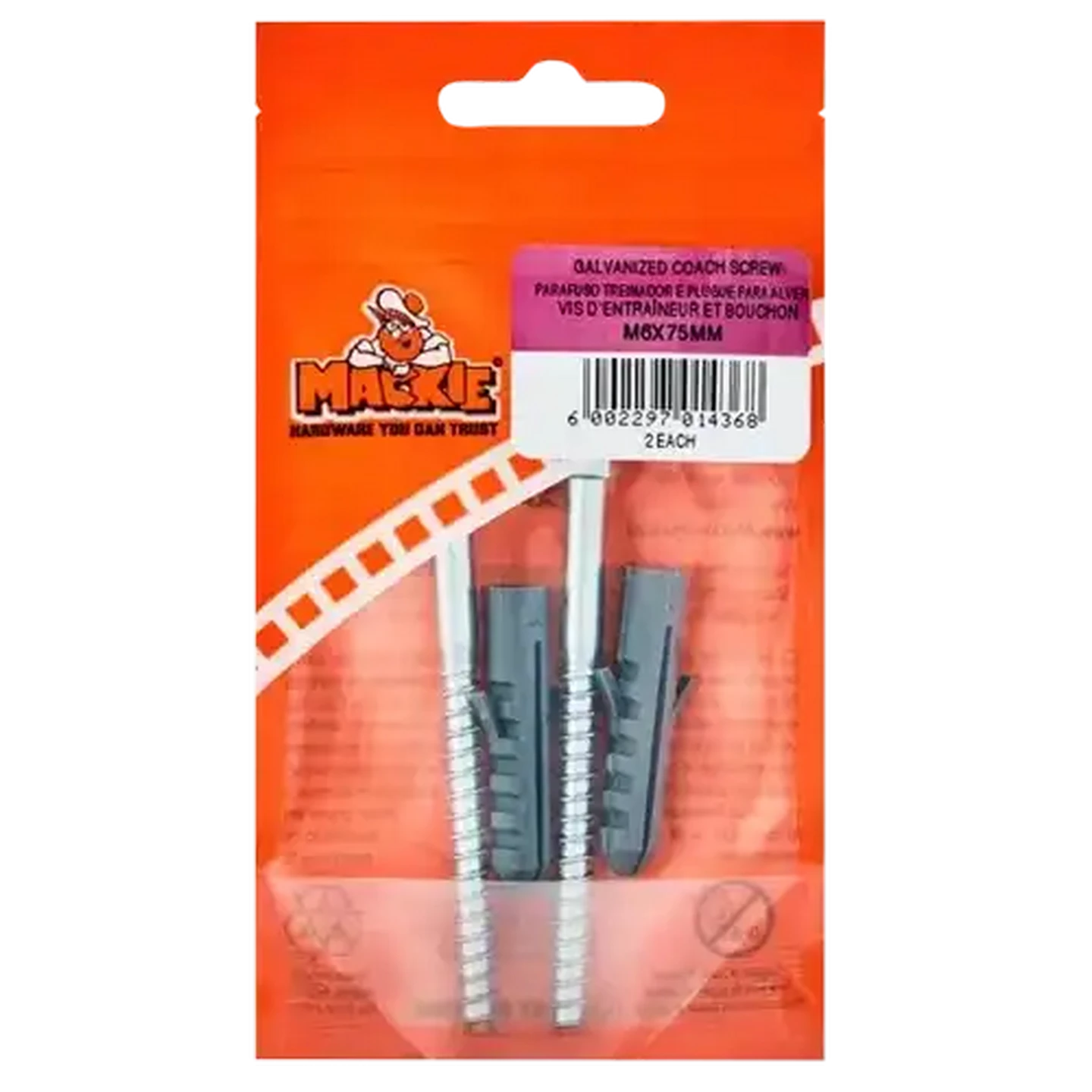 Image of Mackie Coach Screw & Plug M6 x 75mm 2 Piece