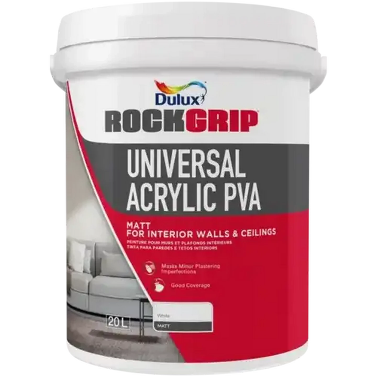 Image of Dulux Rockgrip Matt White Universal Acrylic PVA Paint 20L