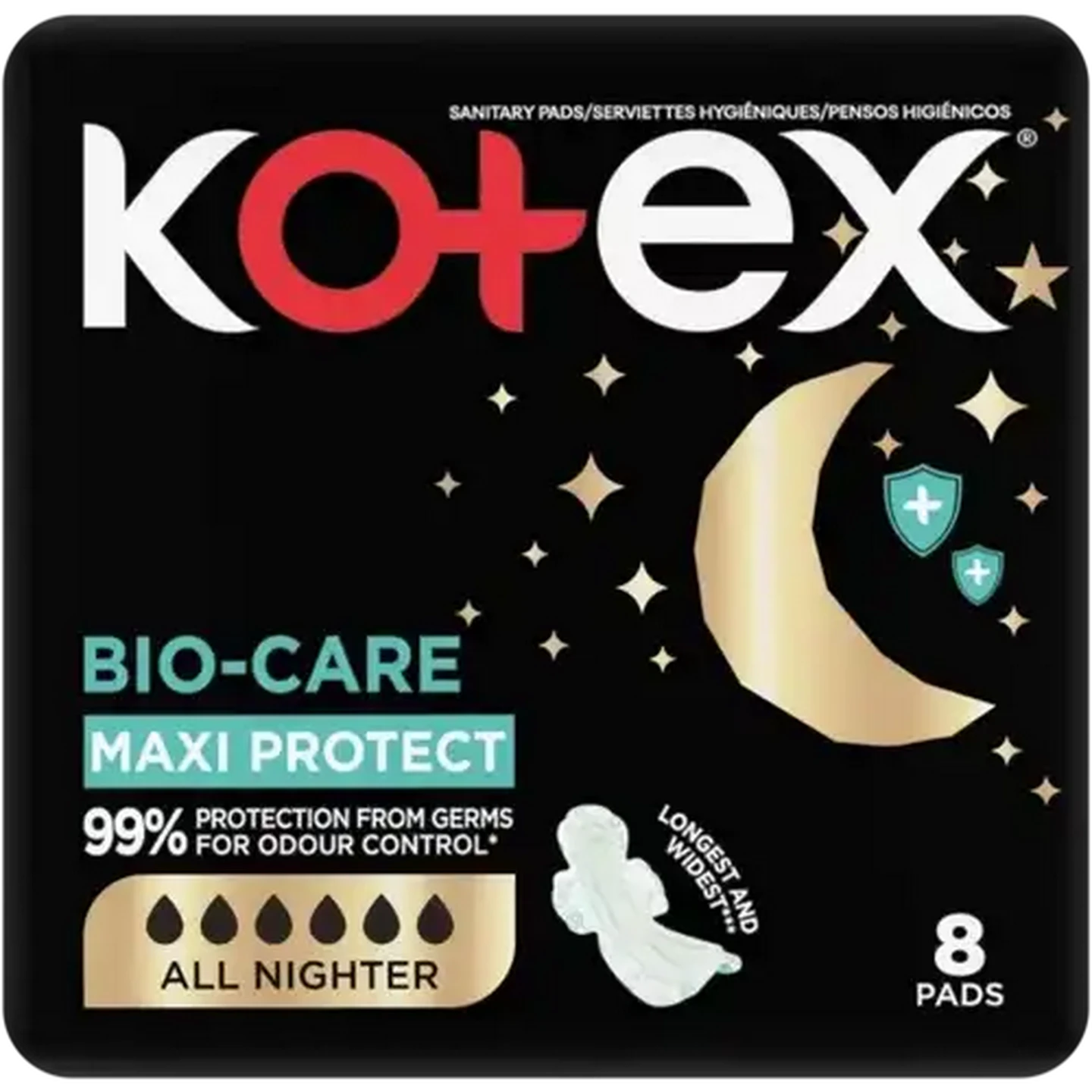 Image of Kotex Bio-Care All Nighter Maxi Protect Sanitary Pads 7/8 Pack