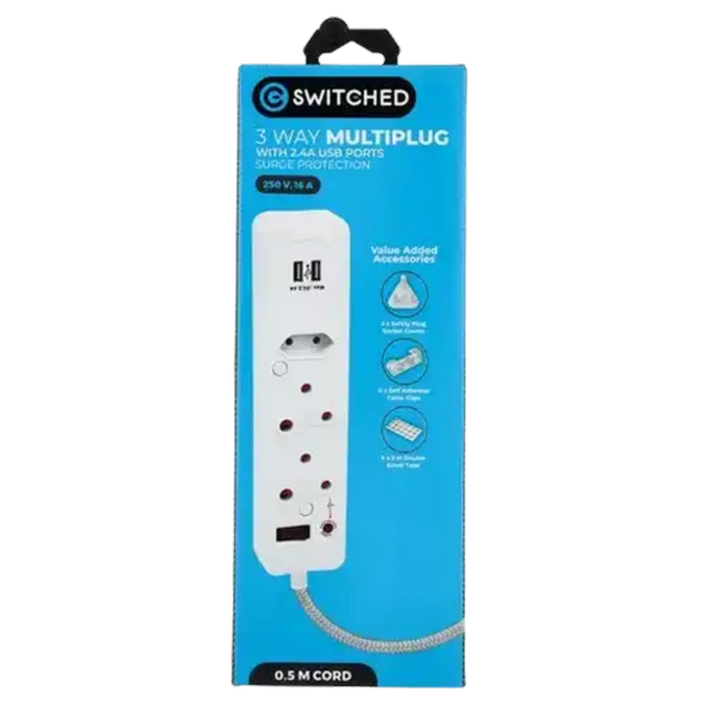 Image of Switched USB Medium Surge 3-Way Multiplug 0.5m