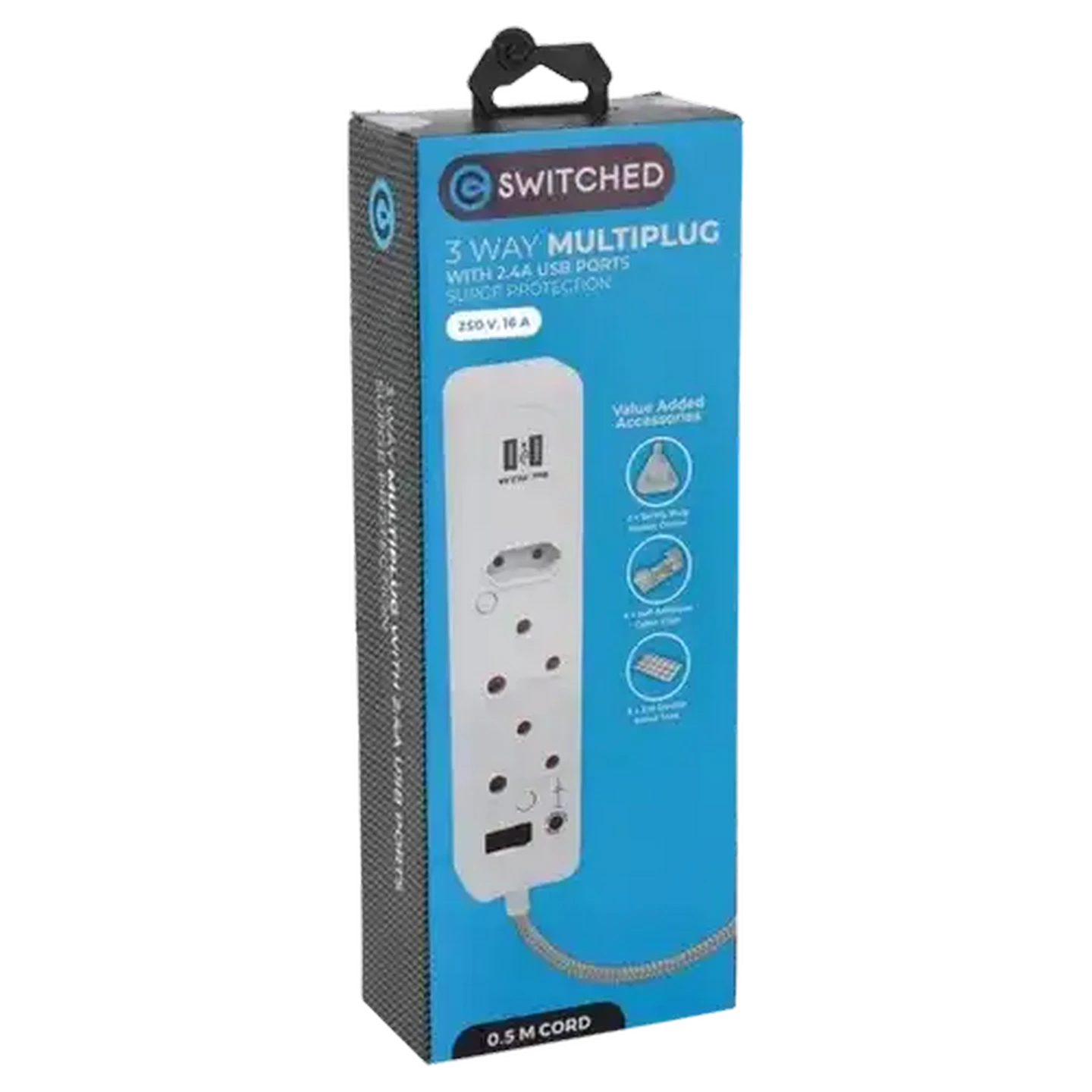 Image of Switched USB Medium Surge 3-Way Multiplug 0.5m