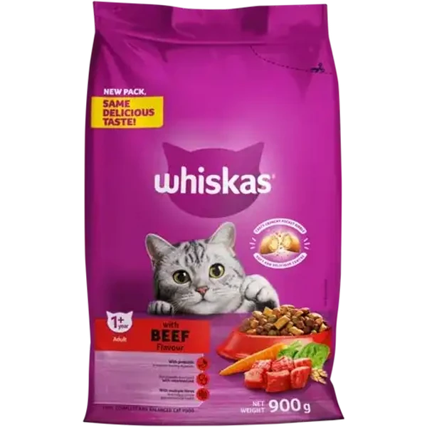 Whiskas Beef Flavoured Adult Dry Cat Food 900g