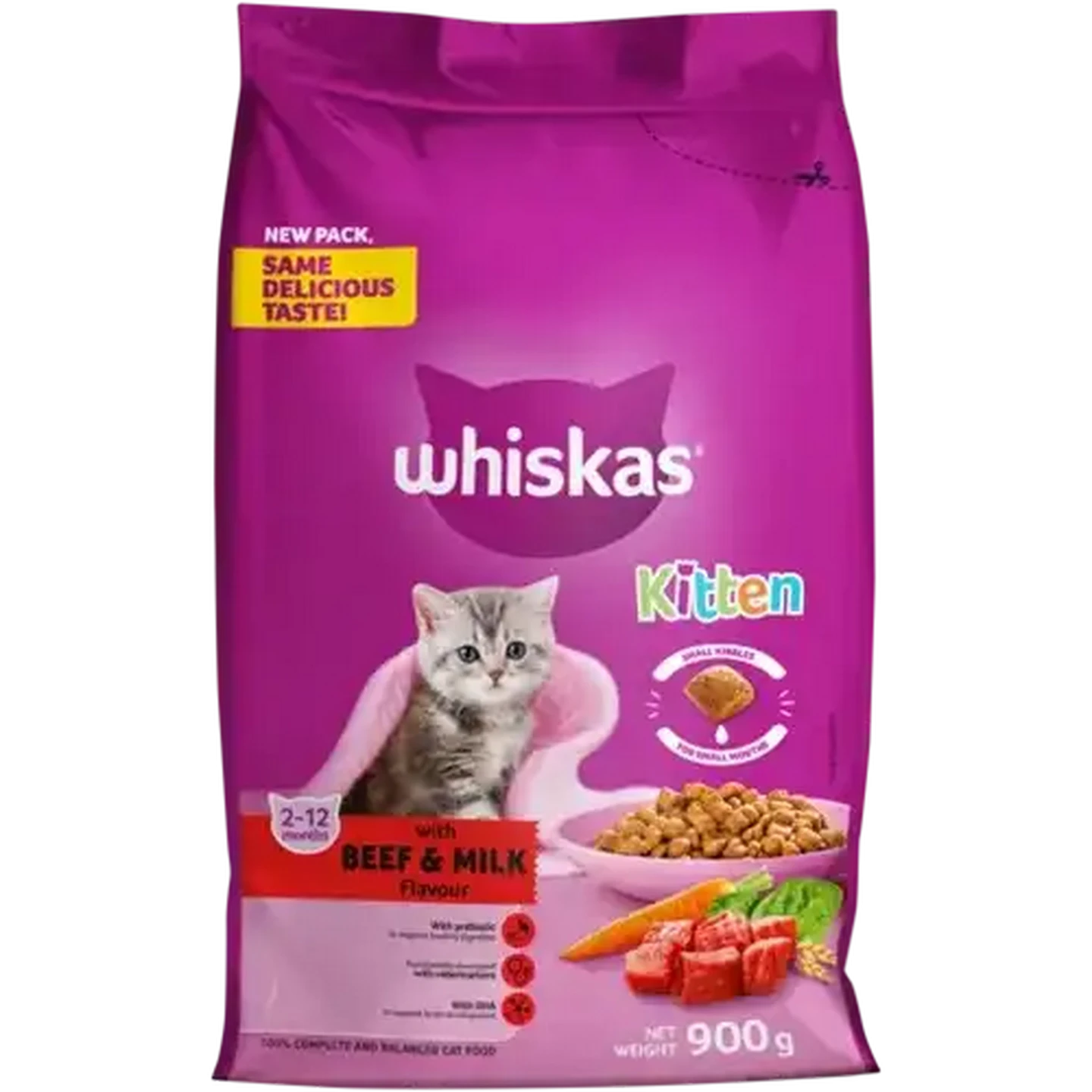 Image of Whiskas Beef & Milk Flavoured Kitten Dry Cat Food 900g