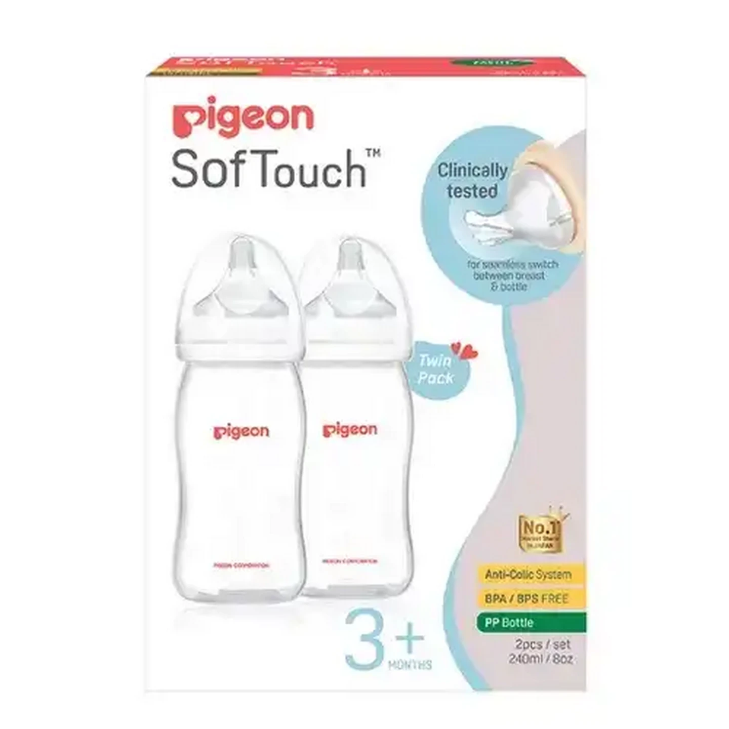 Image of Pigeon Twin Pack 240ml Nursing Bottle 3 Months+