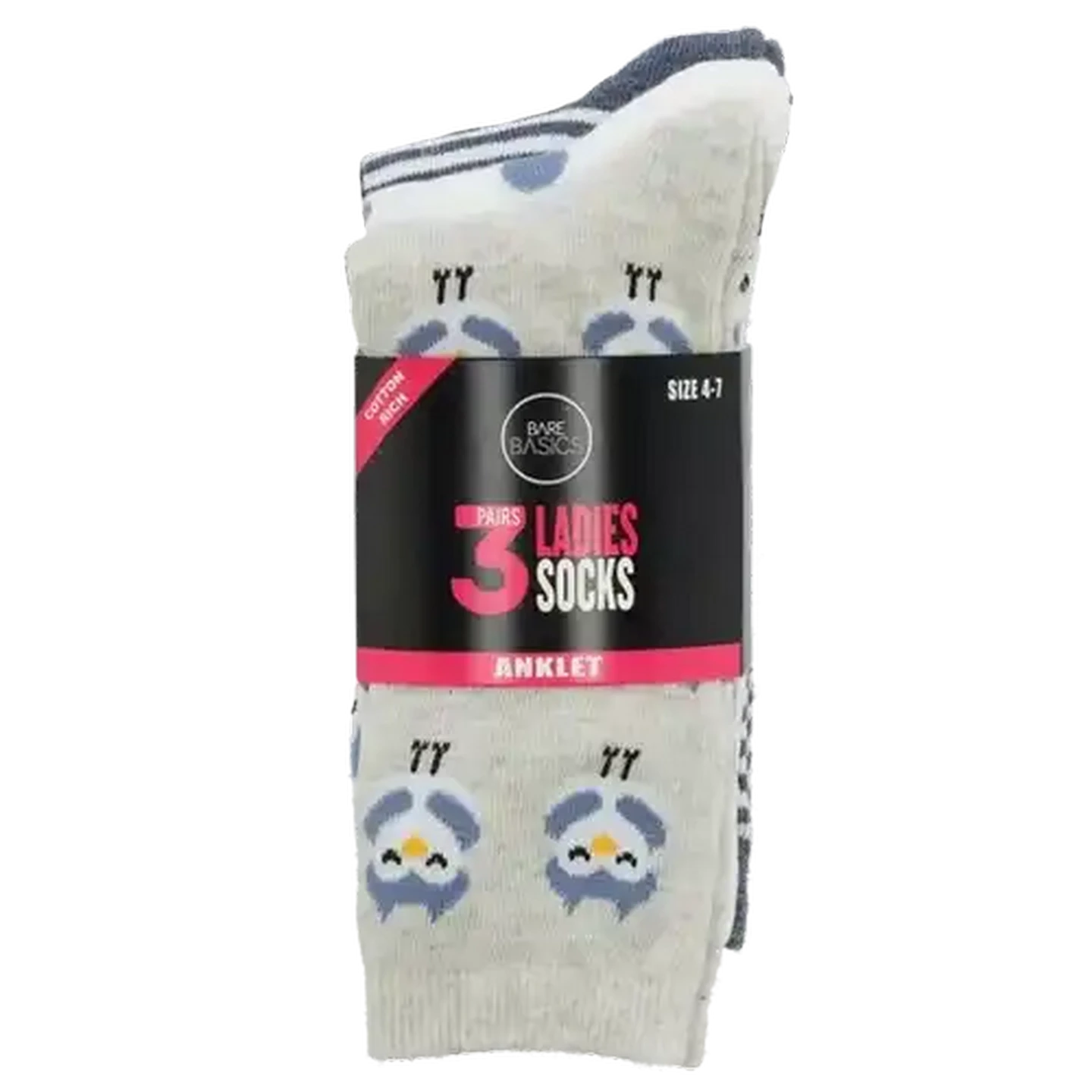 Image of Bare Basics Ladies Printed Anklet Socks Size 4-7 3-Pack