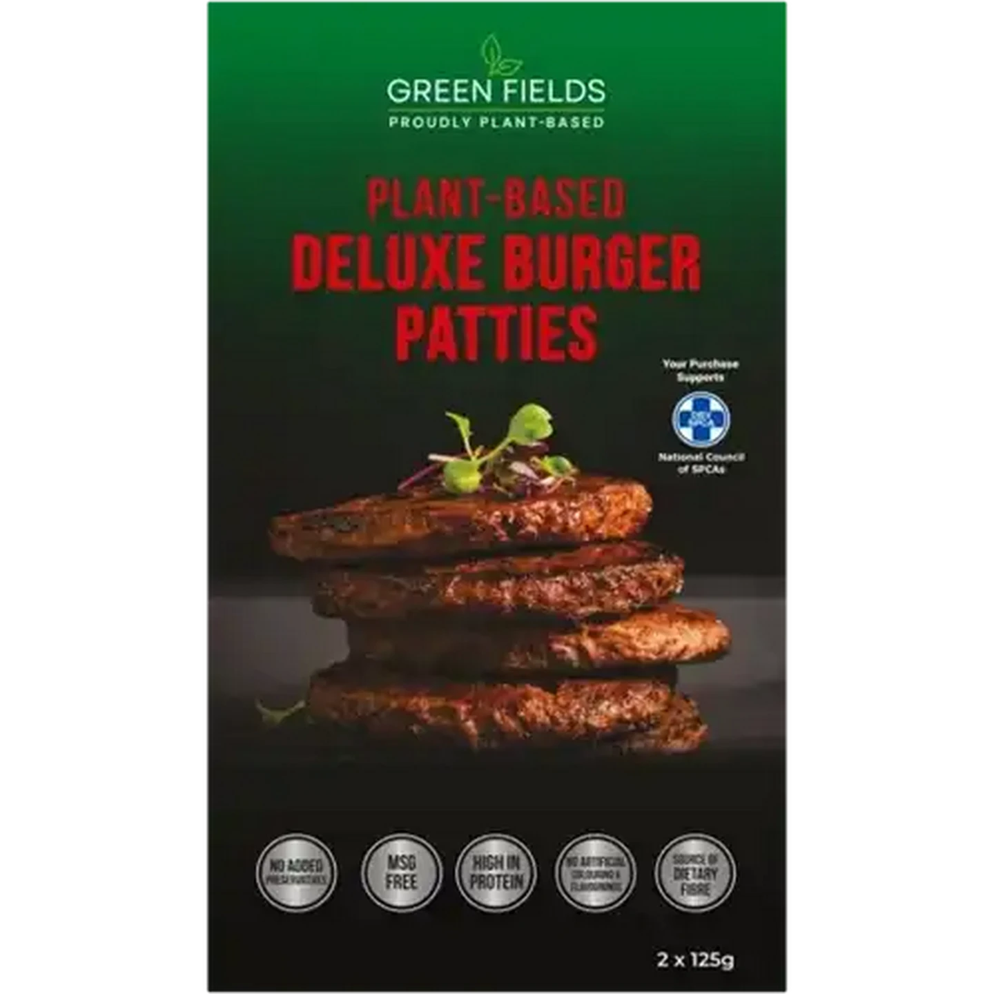 Image of Green Fields Frozen Plant-Based Deluxe Burger Patties 2 x 125g