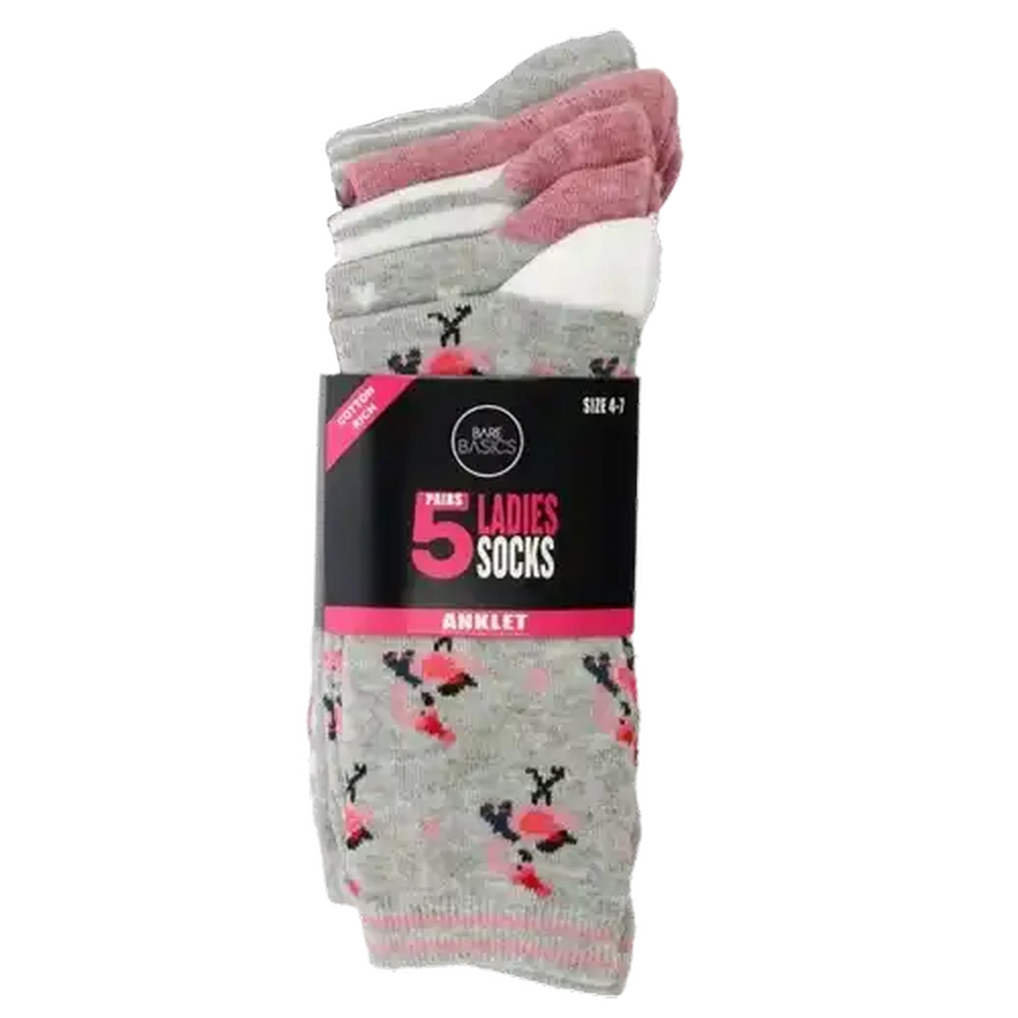 Image of Bare Basics Ladies Printed Anklet Socks Size 4-7 5-Pack