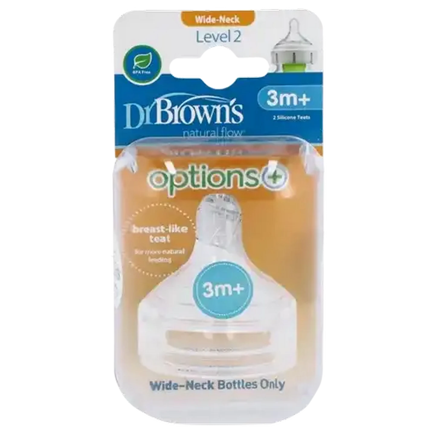 Image of Dr. Brown's Natural Flow Options+ Wide-Neck Level 2 Bottle Teats 3 Months+ 2-Pack