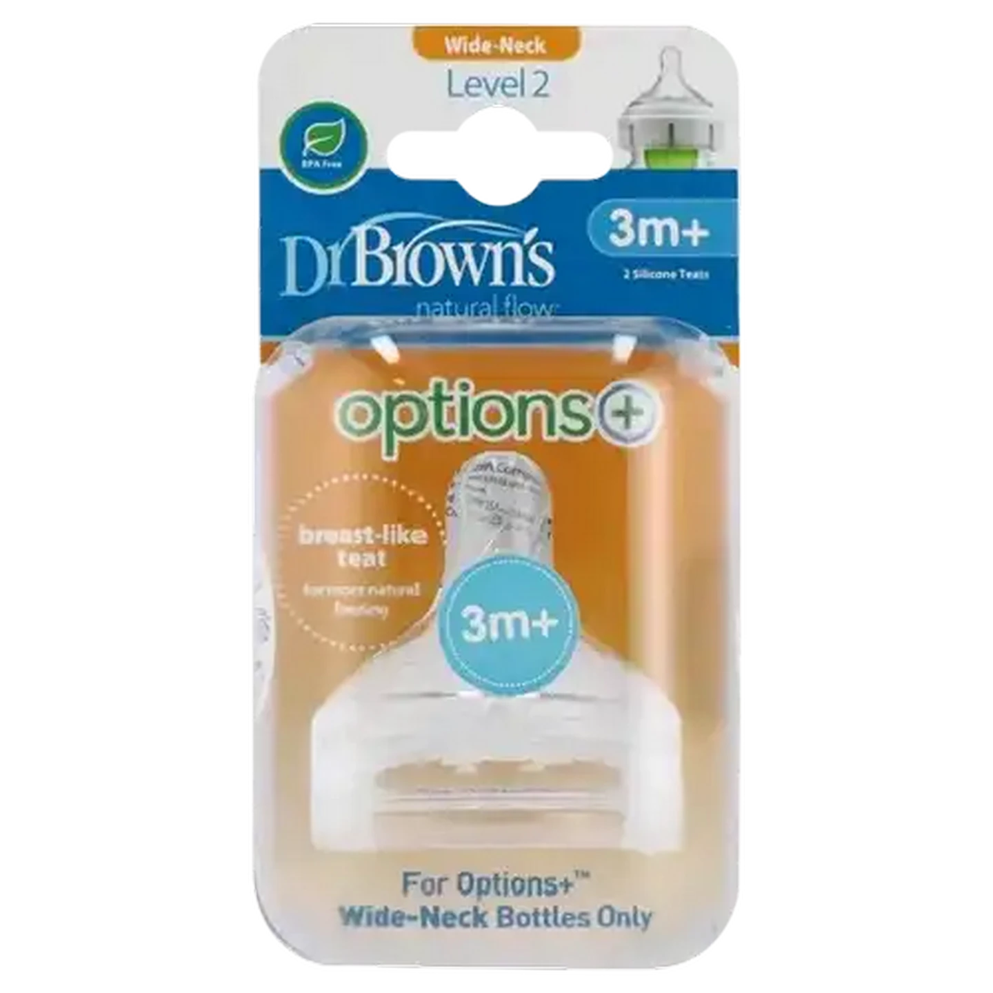 Image of Dr. Brown's Natural Flow Options+ Wide-Neck Level 2 Bottle Teats 3 Months+ 2-Pack