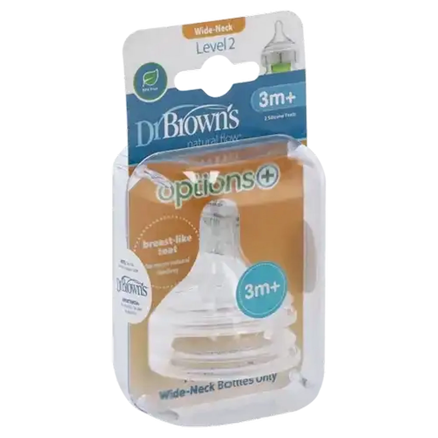 Image of Dr. Brown's Natural Flow Options+ Wide-Neck Level 2 Bottle Teats 3 Months+ 2-Pack