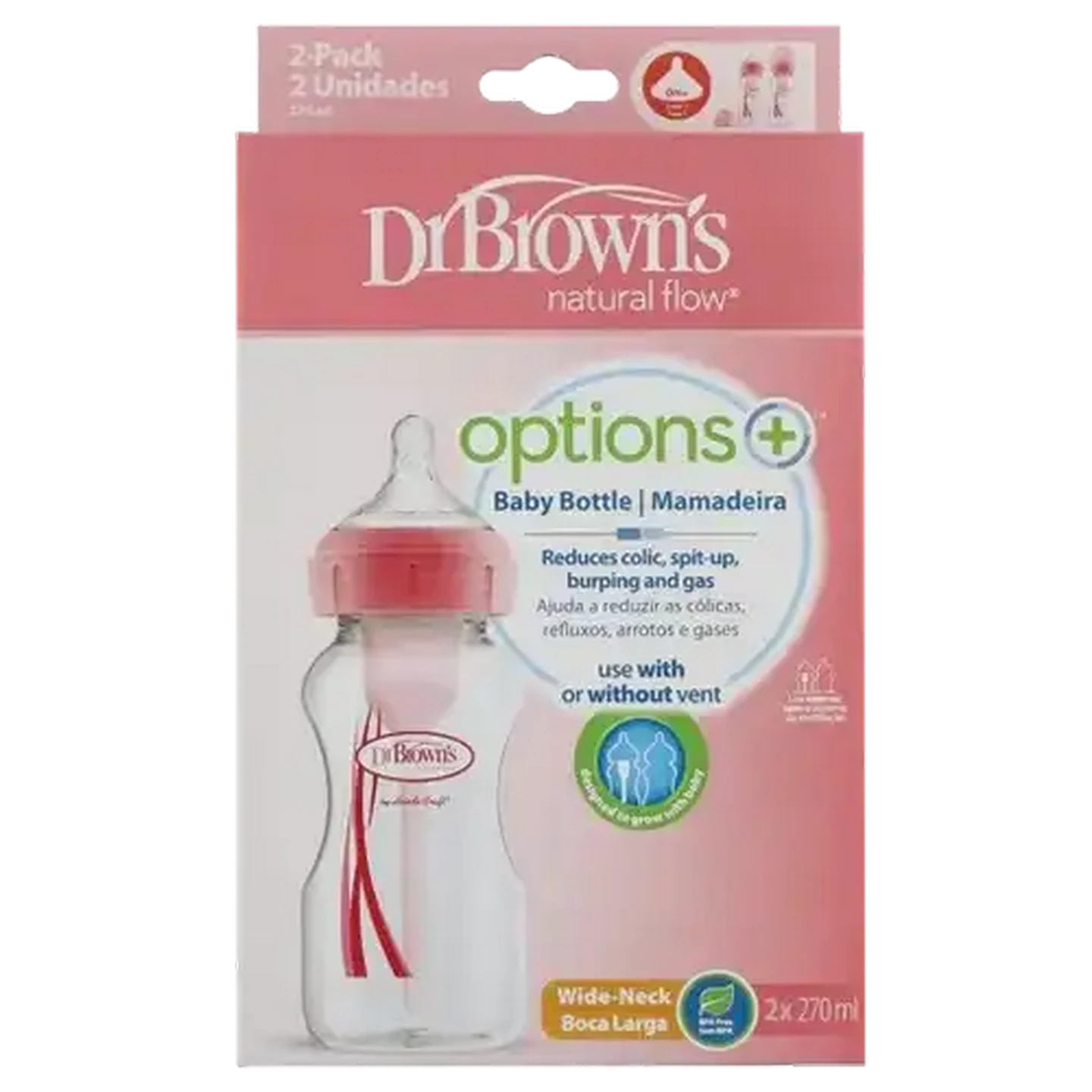 Image of Dr. Brown's Natural Flow Options + Pink Wide-Neck Bottle 270ml 2-Pack