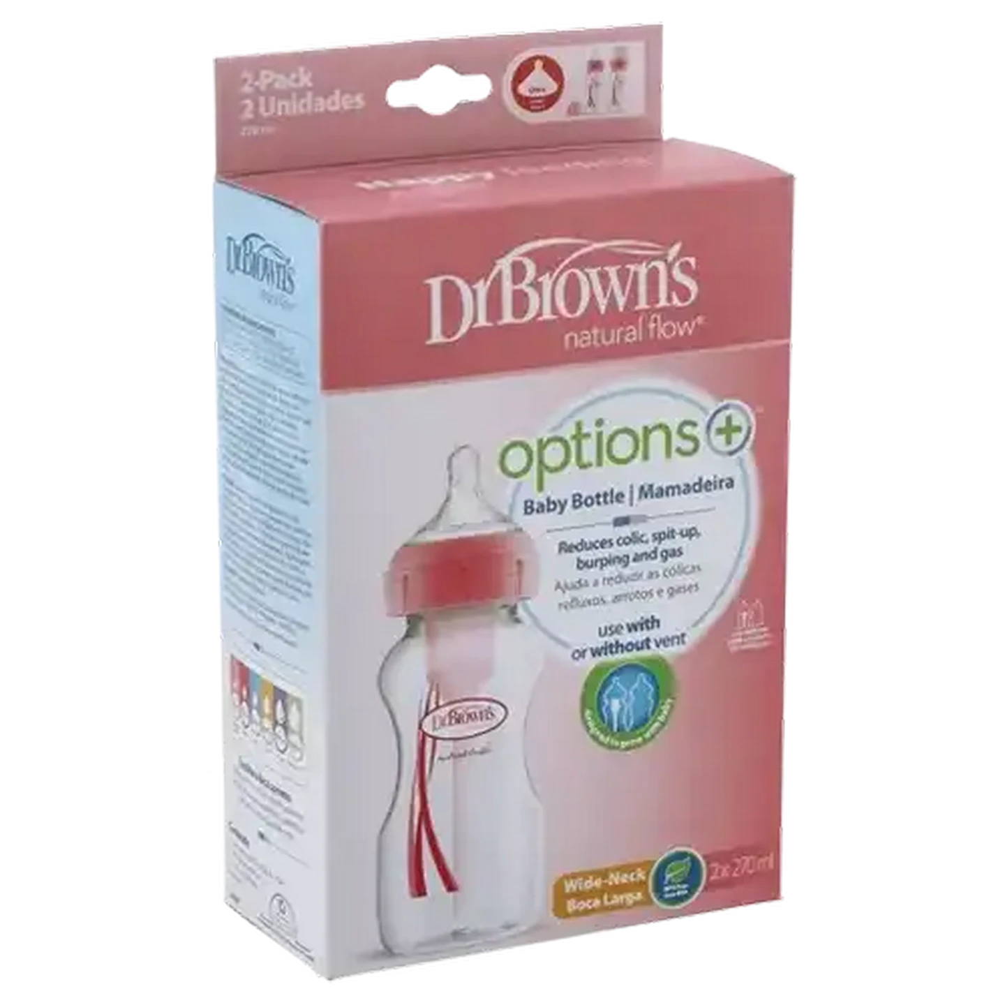 Image of Dr. Brown's Natural Flow Options + Pink Wide-Neck Bottle 270ml 2-Pack