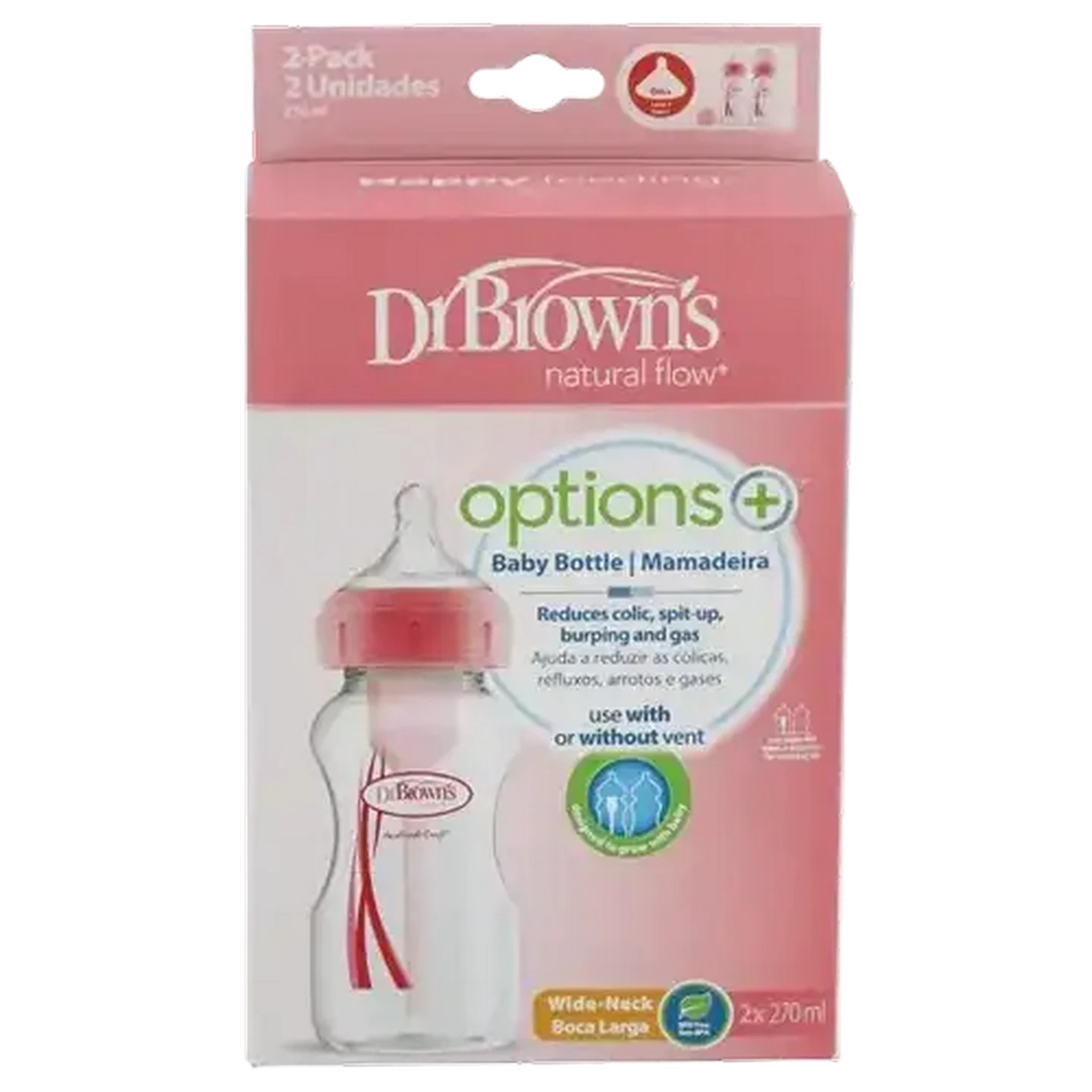 Image of Dr. Brown's Natural Flow Options + Pink Wide-Neck Bottle 270ml 2-Pack