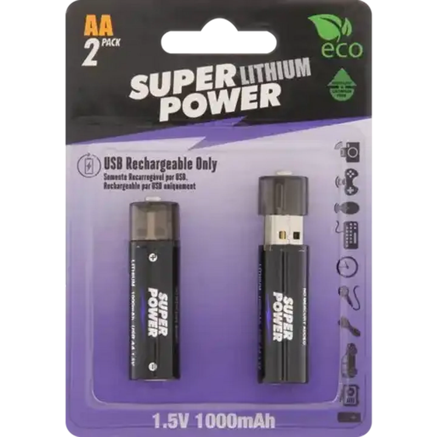 Image of Super Power USB AA Rechargeable Batteries 2-Pack