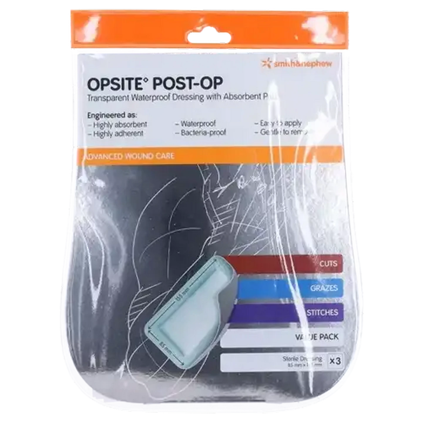 Image of Smith+Nephew Opsite Post-Op Transparent Waterproof Dressing with Absorbent Pad 85 x 155mm 3 Pack