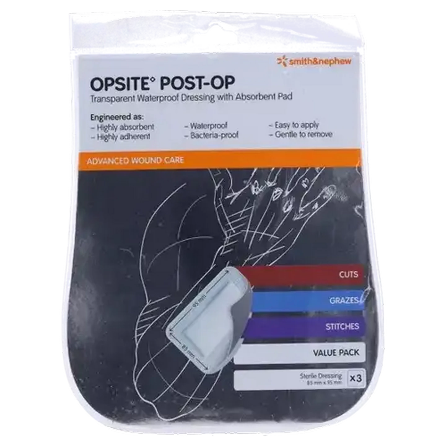 Image of Smith+Nephew Opsite Post-Op Transparent Waterproof Dressing with Absorbent Pad 85 x 95mm 3 Pack