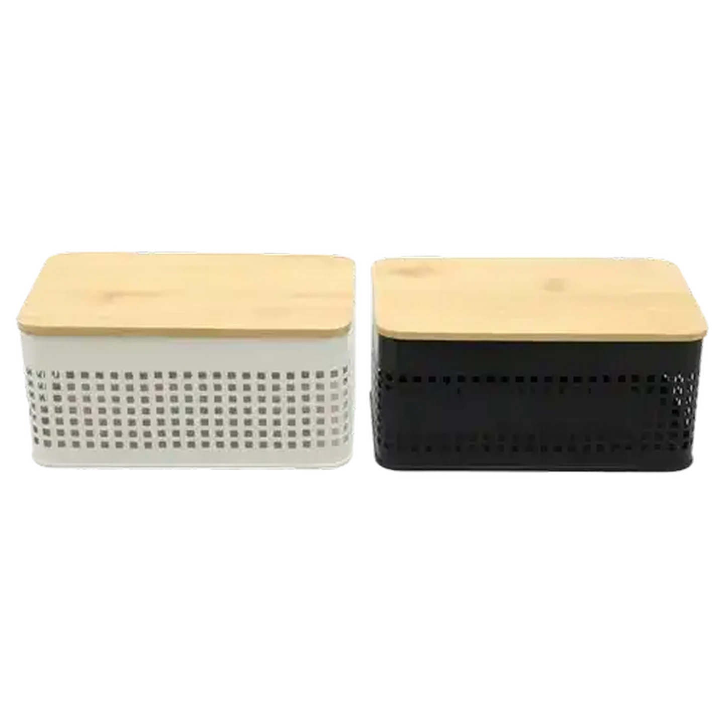 Image of Black or White Steel Basket with Bamboo Lid 20 x 12 x 9cm (Colour May Vary)