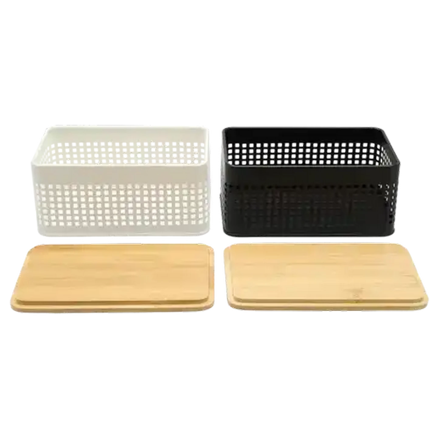 Image of Black or White Steel Basket with Bamboo Lid 20 x 12 x 9cm (Colour May Vary)