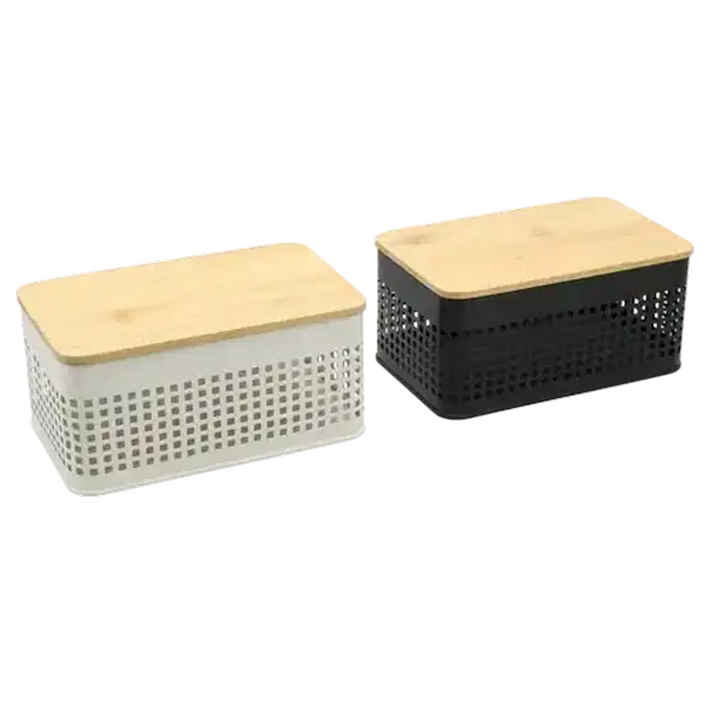 Image of Black or White Steel Basket with Bamboo Lid 20 x 12 x 9cm (Colour May Vary)