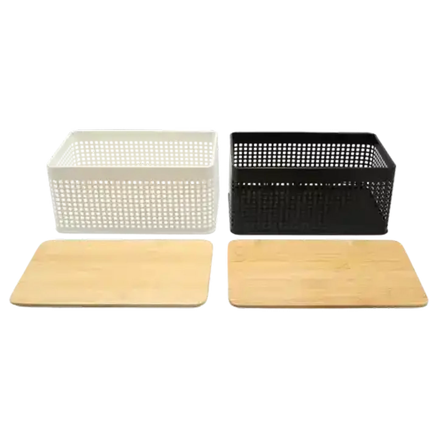 Image of Steel Basket Black/White with Bamboo Lid 34 x 19 x 15cm (Colour May Vary)