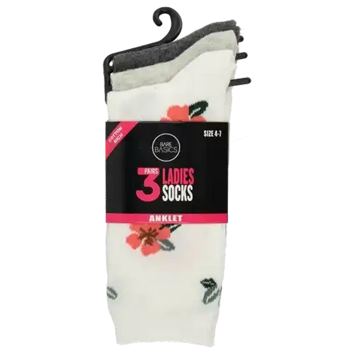 Image of Bare Basics Ladies Printed Anklet Socks Size 4-7 3-Pack