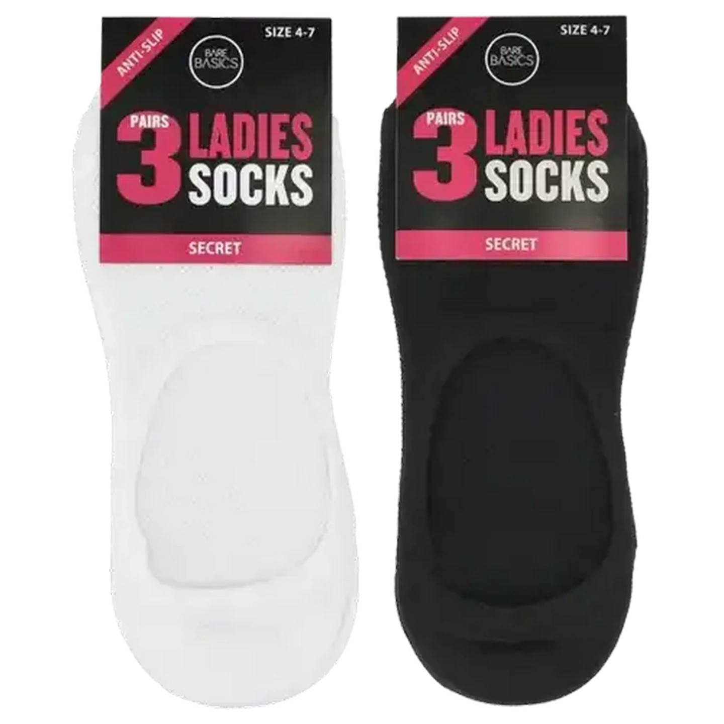 Image of Bare Basics Ladies Anti-Slip Secret Socks 4-7 3-Pack (Colour May Vary)