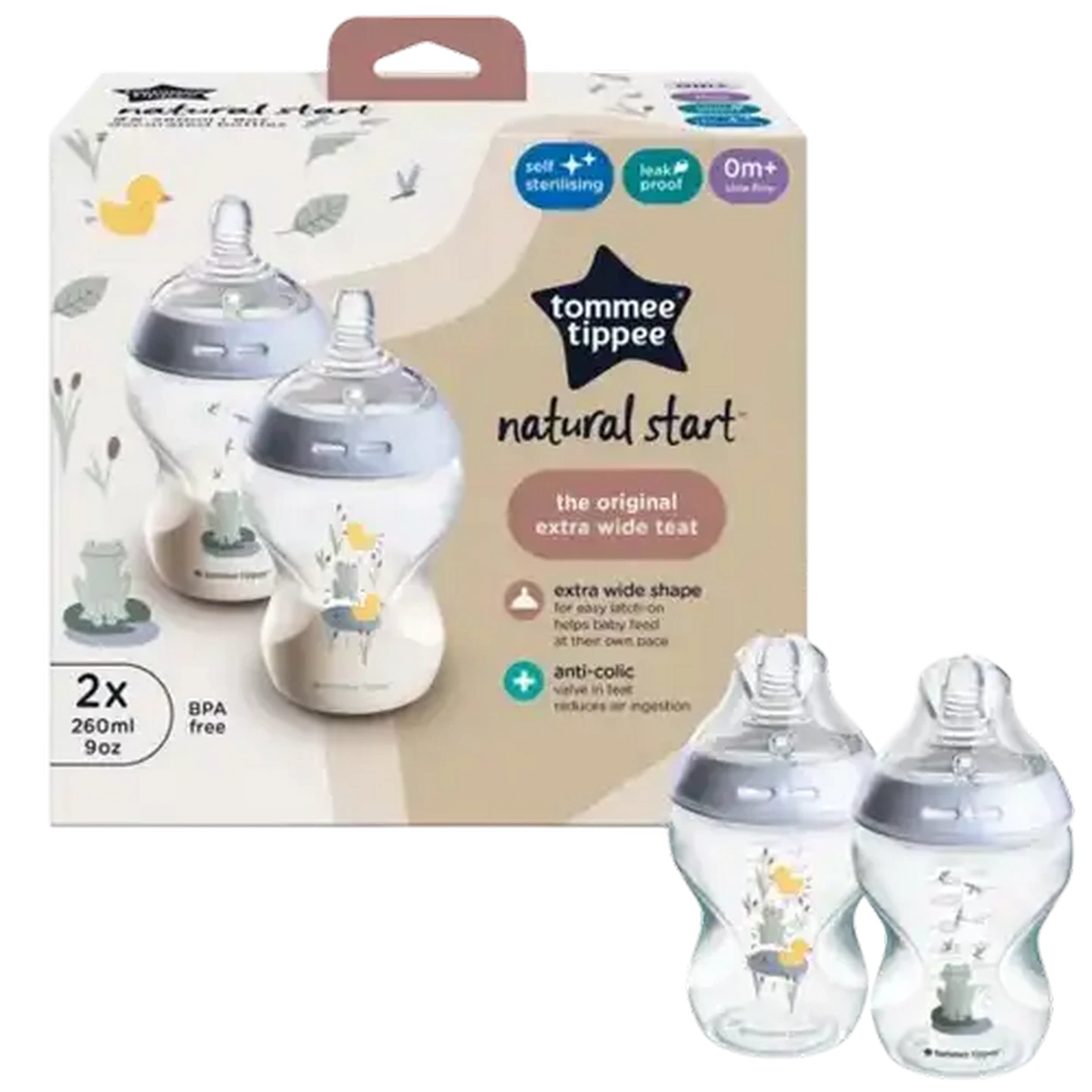 Image of Tommee Tippee Natural Start Boy 260ml Self-Sterilising Bottles 2-Pack