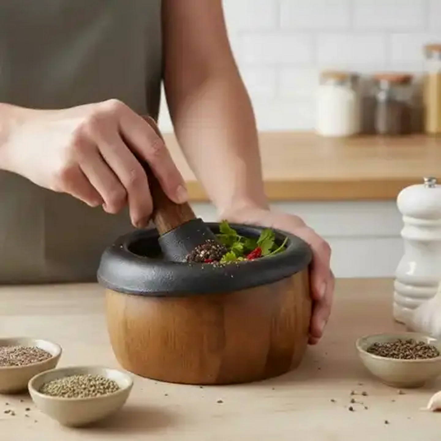 Image of Fina Acacia Iron & Wood Mortar & Pestle 2 Piece