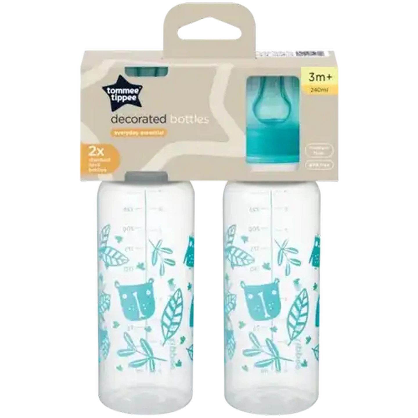 Image of Tommee Tippee Everyday Essential Medium Flow Standard Neck Decorated Bottles 2 x 240ml