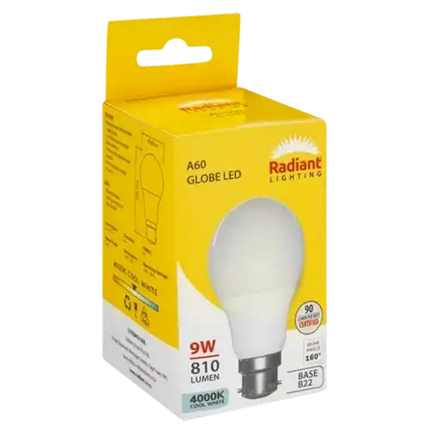 Image of Radiant Lighting Cool White A60/B22d LED Bayonet Globe 9W