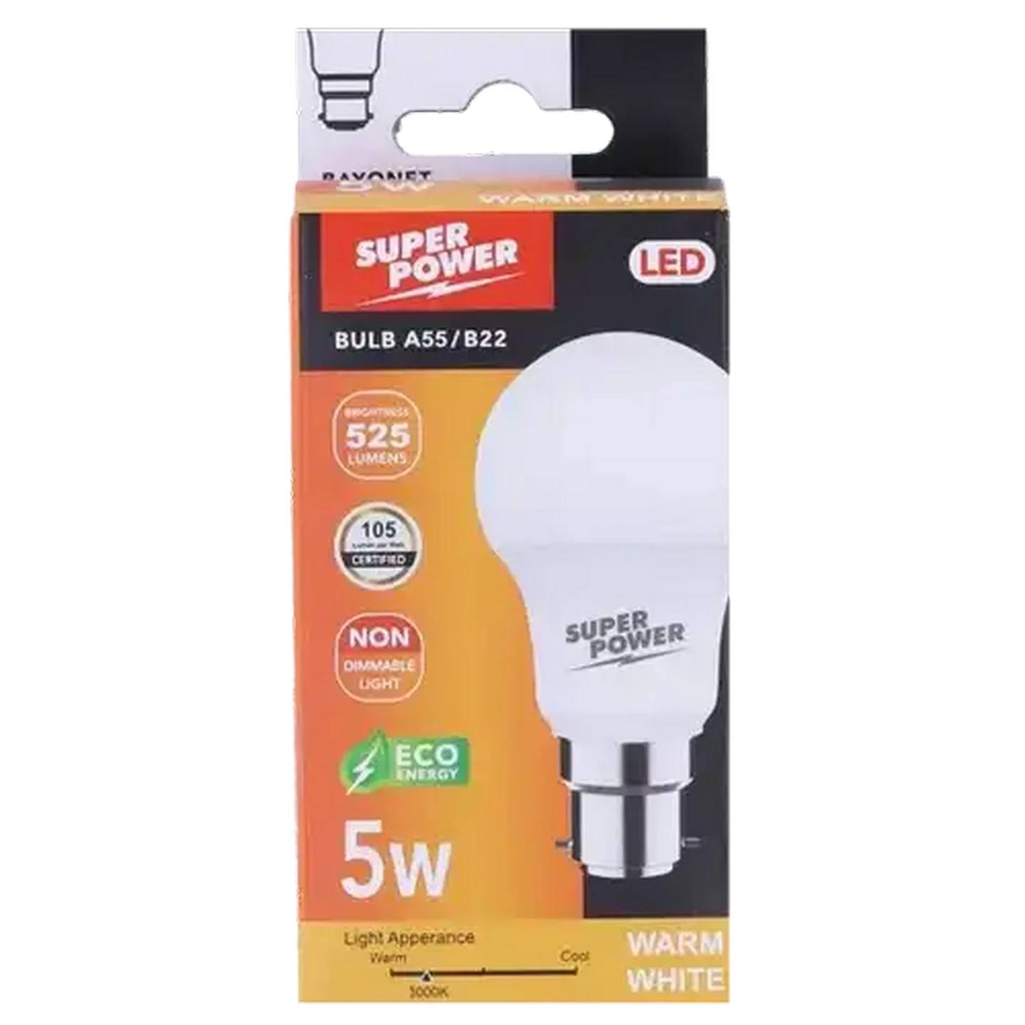 Image of Super Power A55 LED Globe Warm White BC Bayonet 5W
