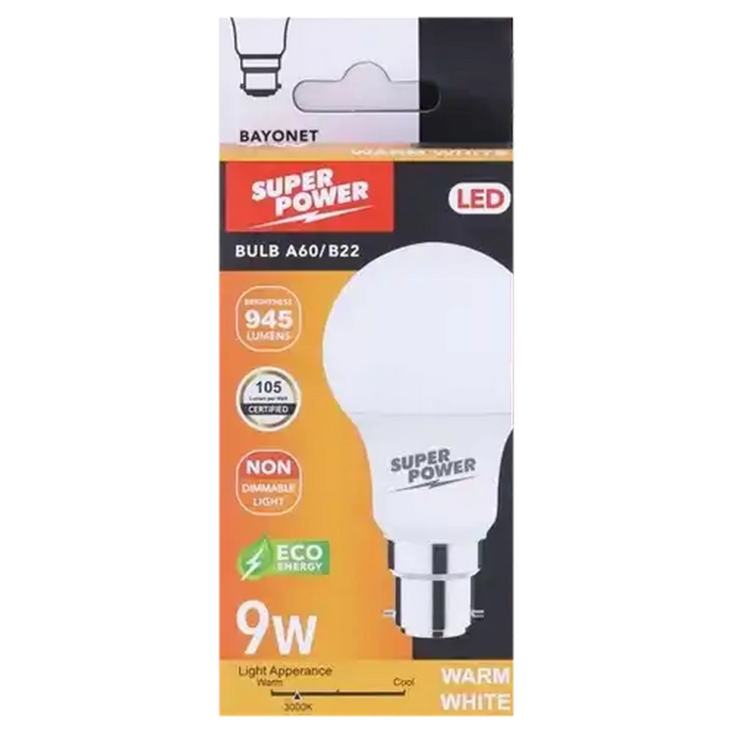 Image of Super Power A60 LED Globe Warm White BC Bayonet 9W