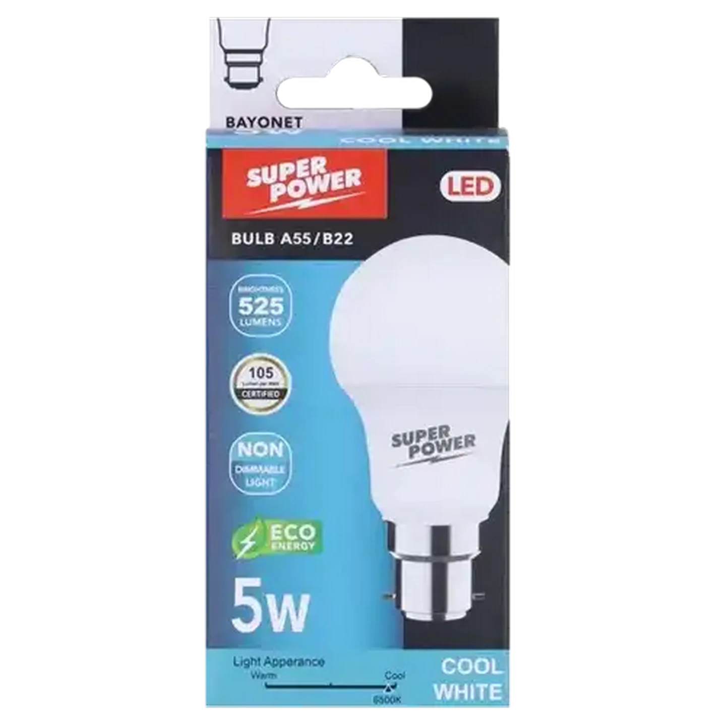 Image of Super Power A55 LED Globe Cool White BC Bayonet 5W