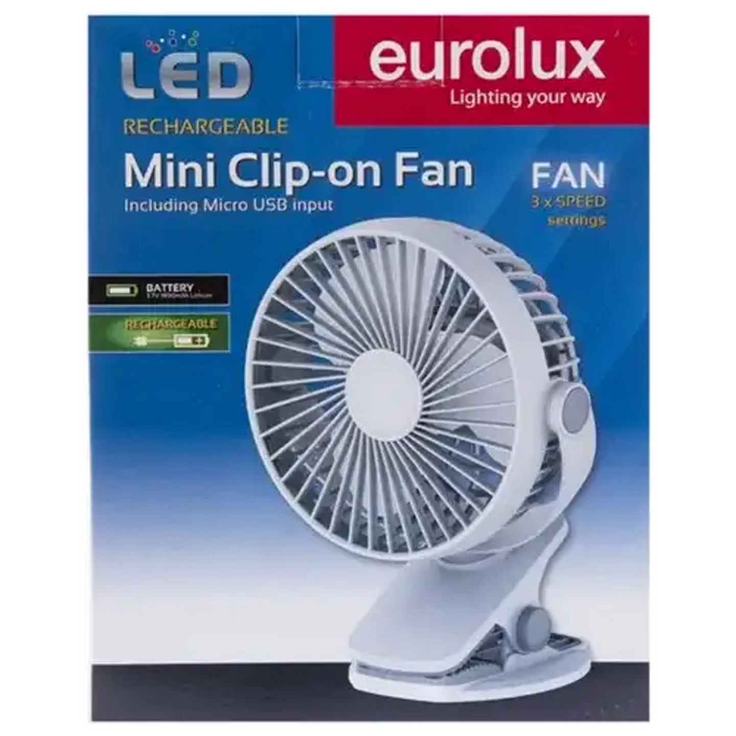 Image of Eurolux Portable Rechargeable Mini Clip-On Fan