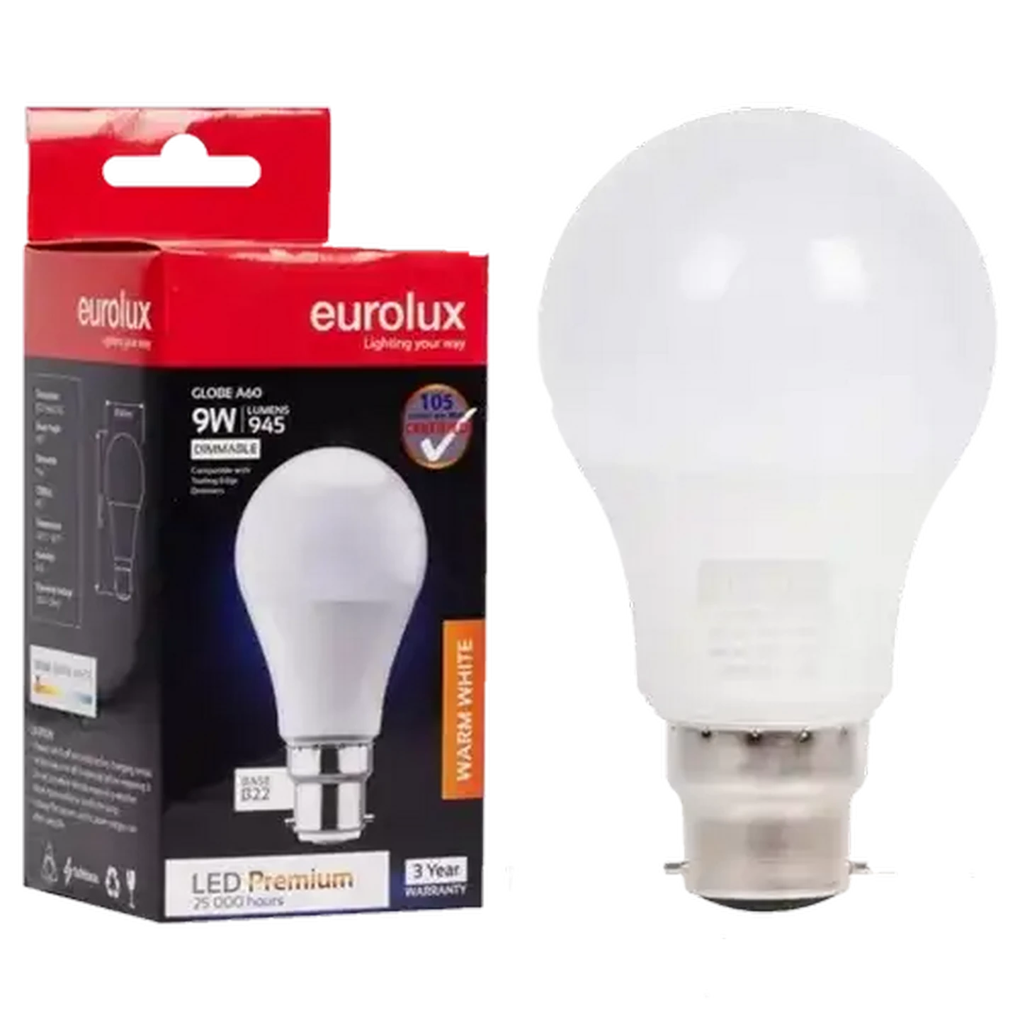 Image of Eurolux Warm White Dimmable B22 LED Opal Bayonet Globe 9W