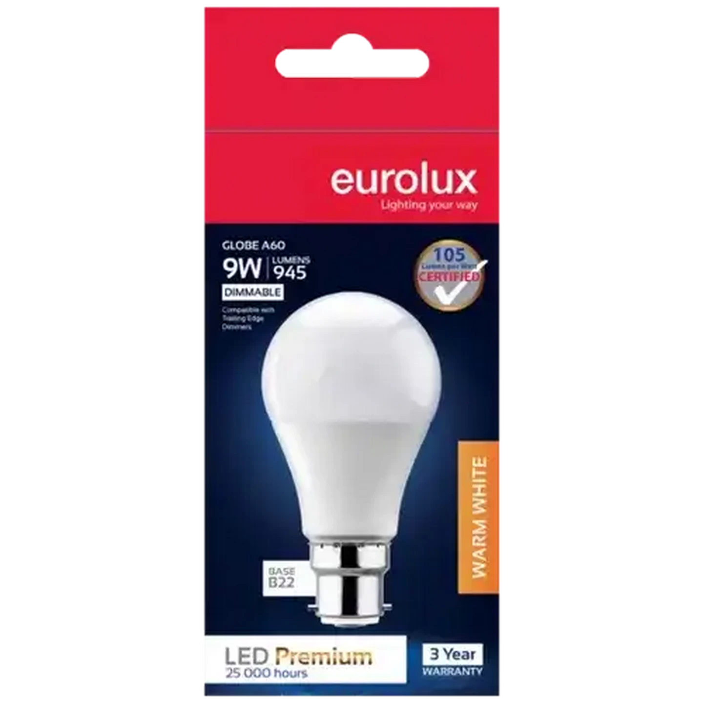 Image of Eurolux Warm White Dimmable B22 LED Opal Bayonet Globe 9W