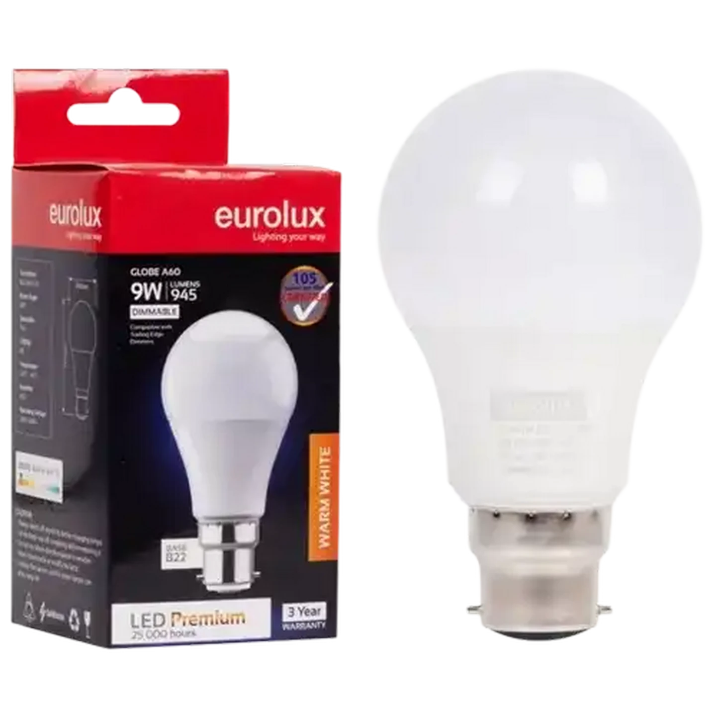 Image of Eurolux Warm White Dimmable B22 LED Opal Bayonet Globe 9W