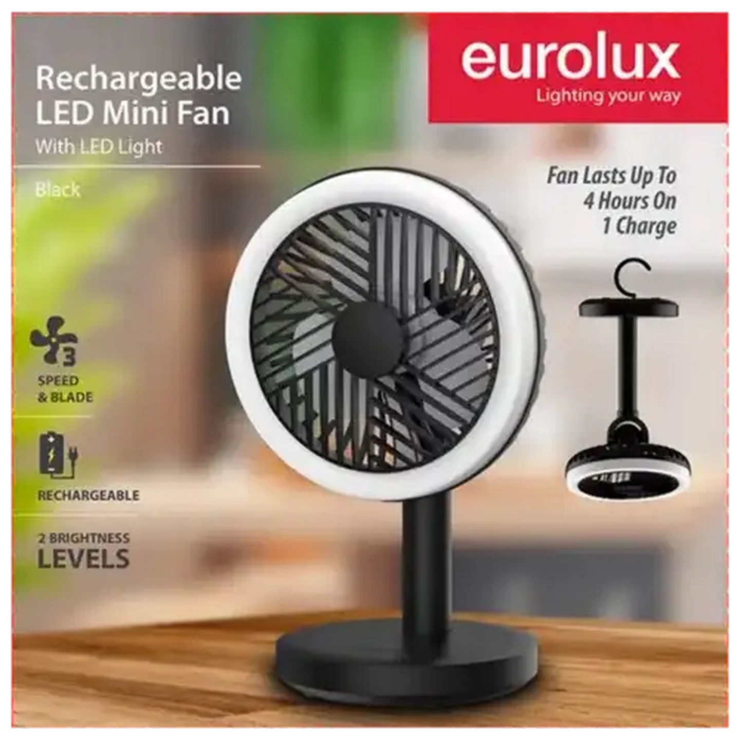 Image of Eurolux Black Rechargeable LED Desk Fan