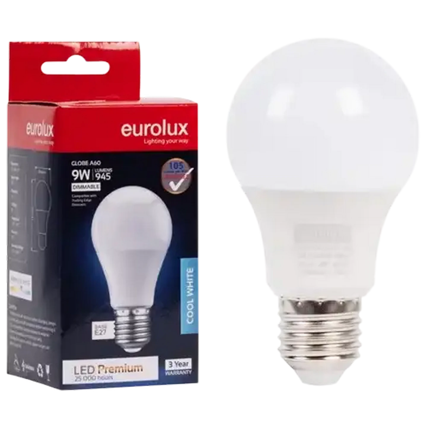 Image of Eurolux Cool White Dimmable E27 LED Opal Screw-in Globe 9W