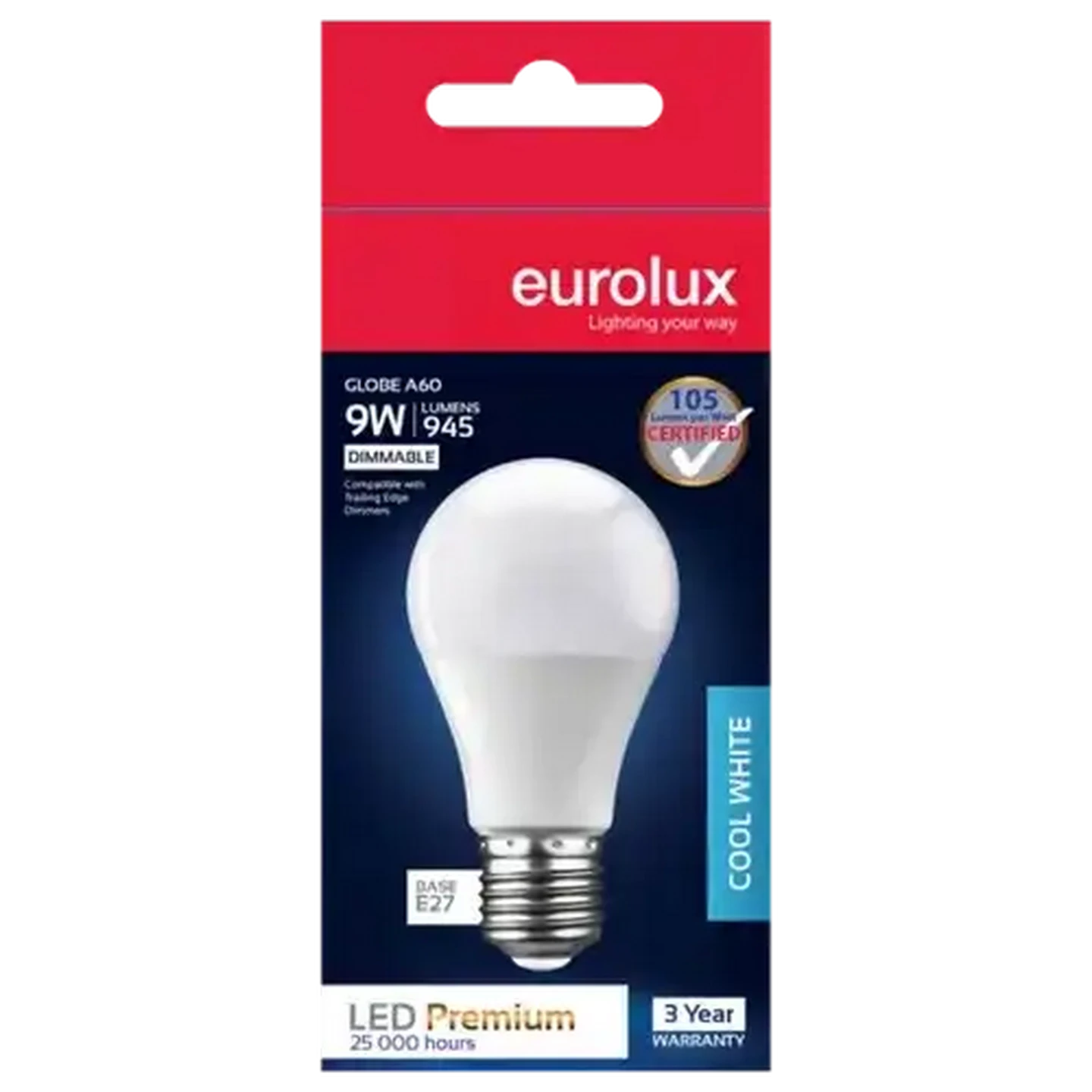 Image of Eurolux Cool White Dimmable E27 LED Opal Screw-in Globe 9W