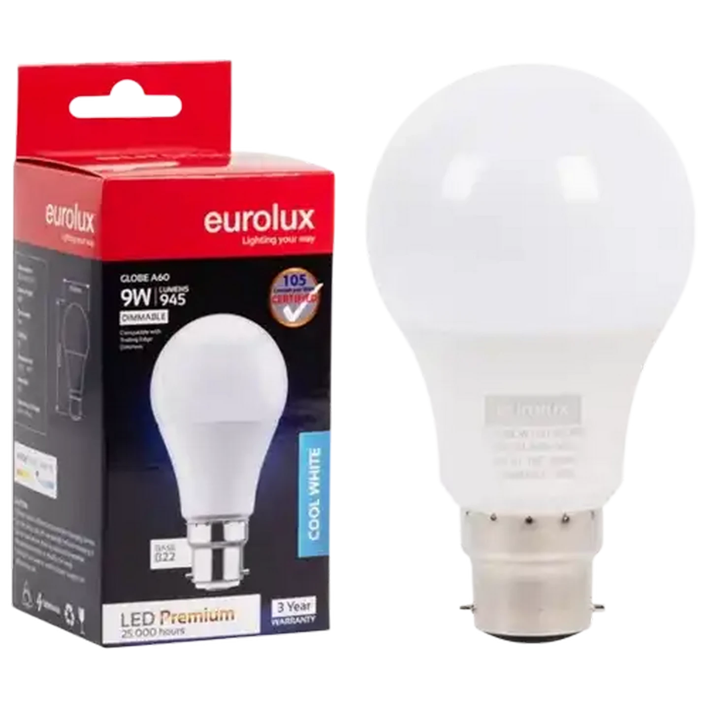 Image of Eurolux Cool White Dimmable B22 LED Opal Bayonet Globe 9W