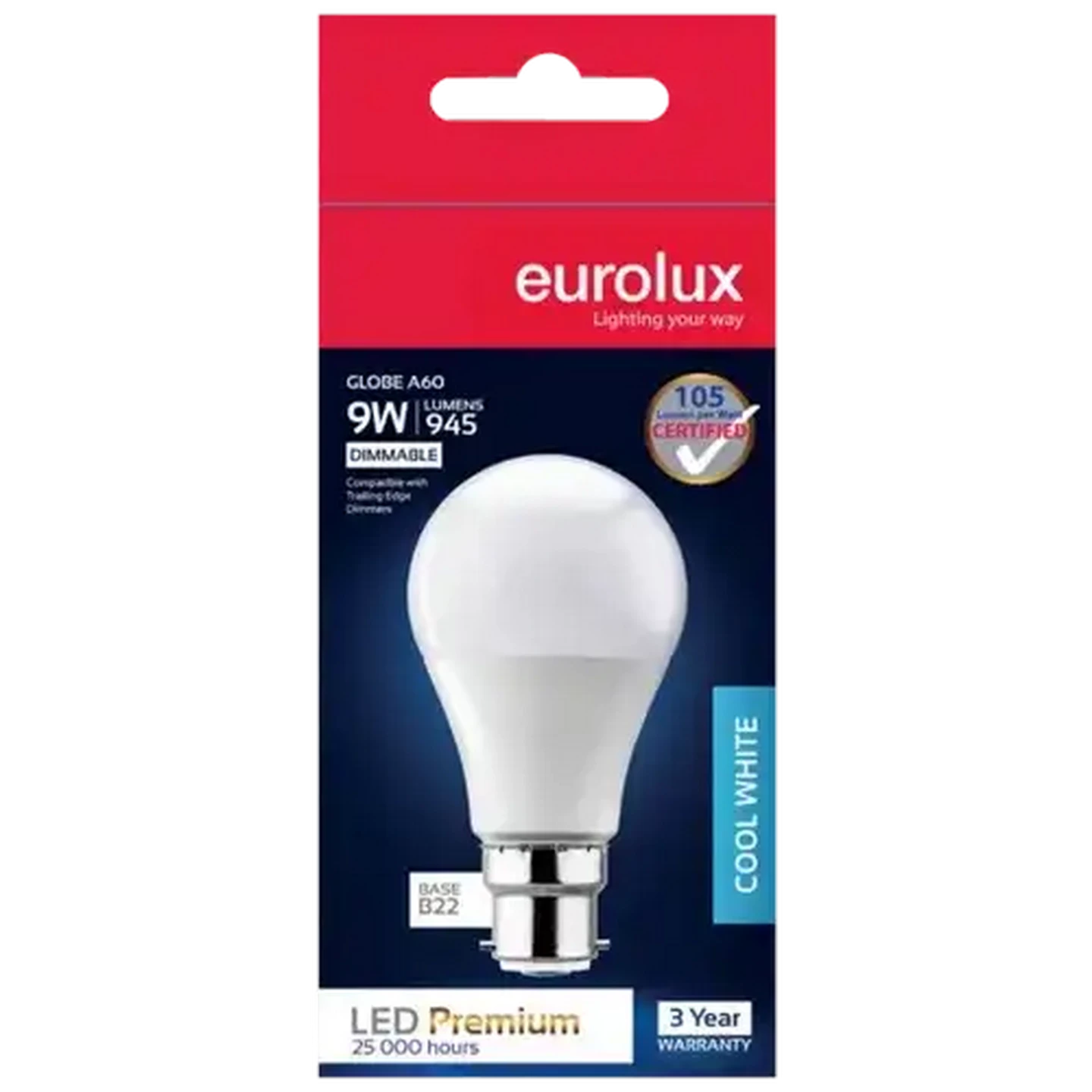 Image of Eurolux Cool White Dimmable B22 LED Opal Bayonet Globe 9W
