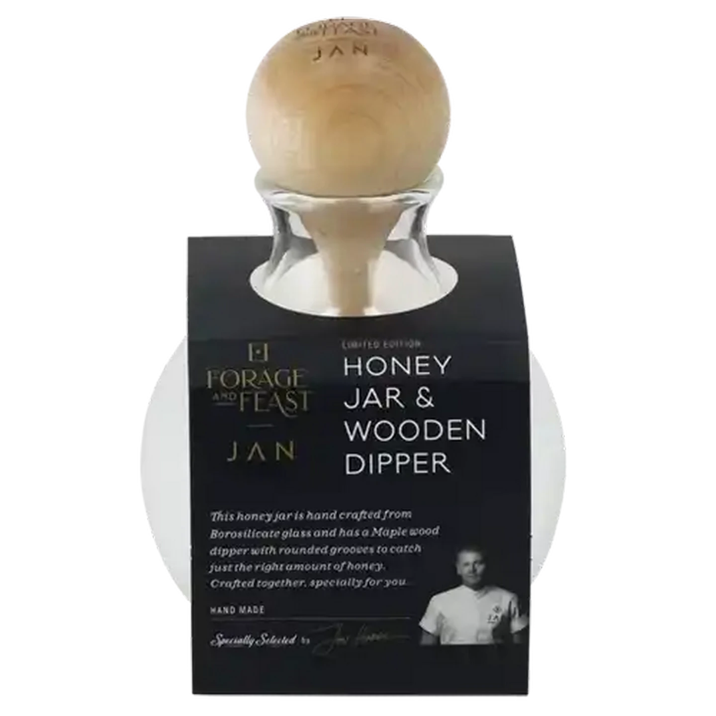 Image of Forage And Feast JAN Limited Edition Honey Glass Jar with Maple Wood Dipper