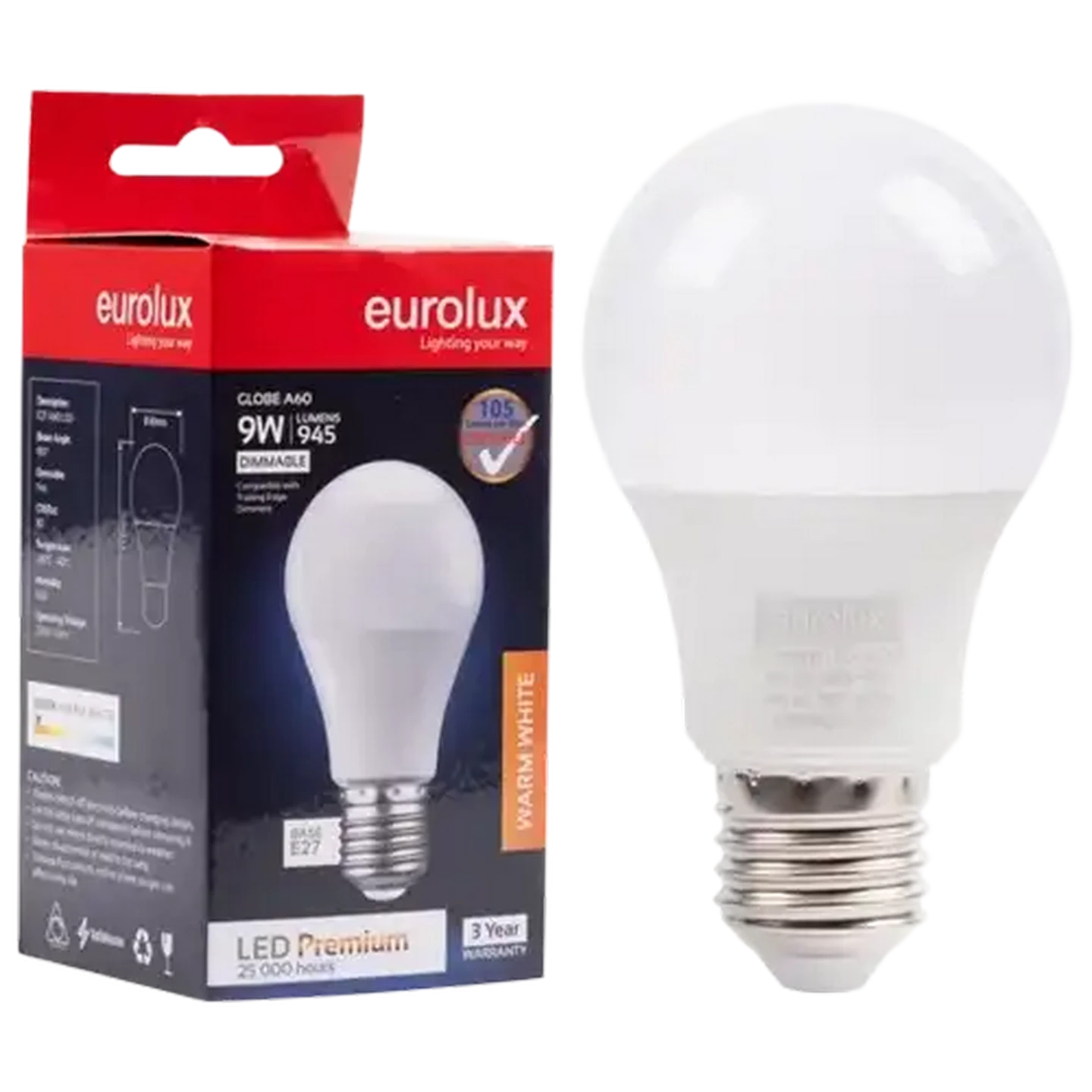 Image of Eurolux Warm White Dimmable E27 LED Opal Screw-in Globe 9W