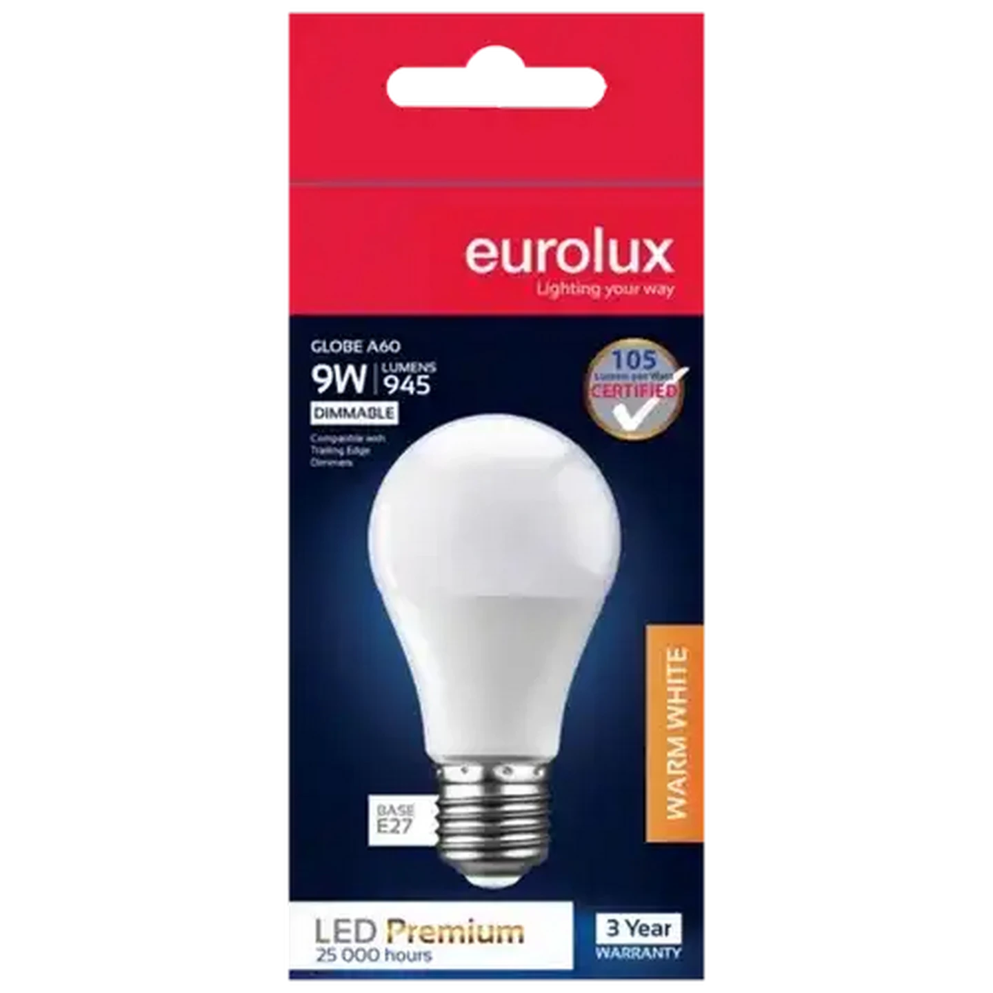 Image of Eurolux Warm White Dimmable E27 LED Opal Screw-in Globe 9W