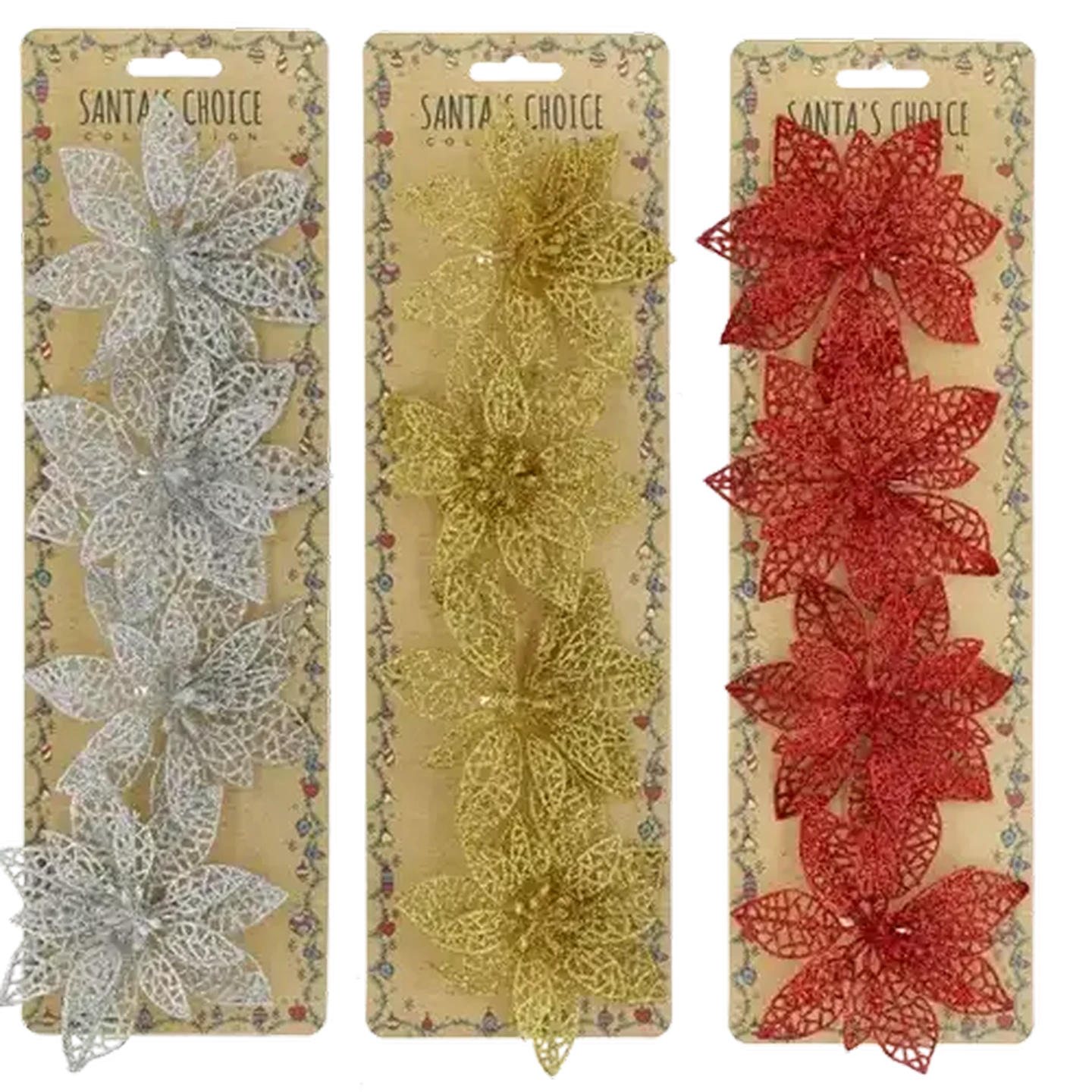 Image of Santa's Choice Glitter Flower Christmas Decoration 4 Piece (Colour May Vary)